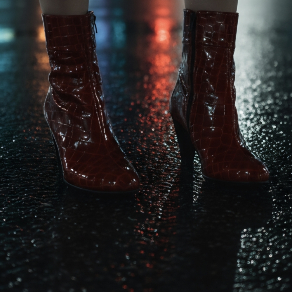 LA CANADIENNE Red Croc- Snake Embossed Leather Ankle Boot Heels- Size 7